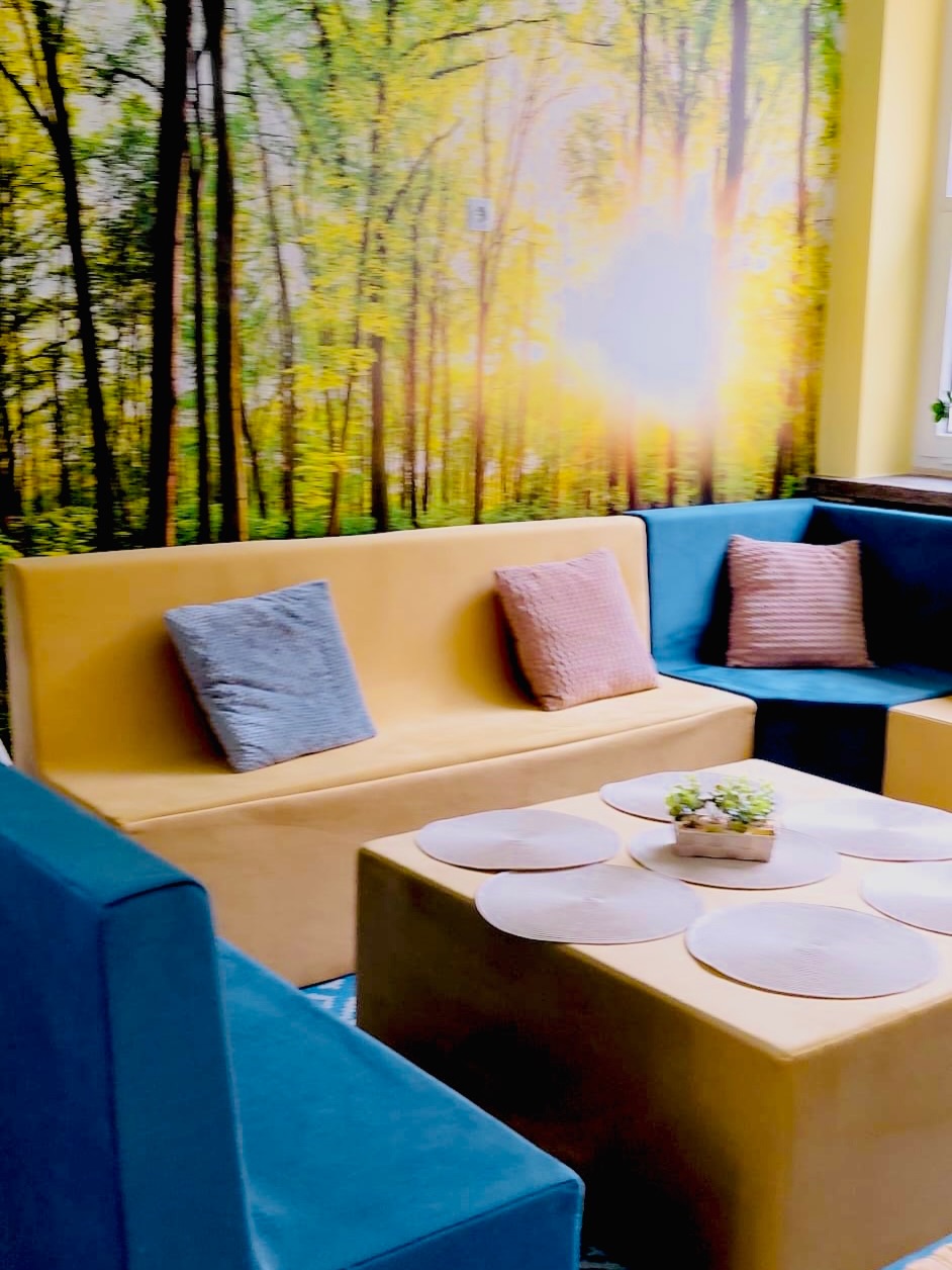 Kolorowe kanapy i poduszki, fototapeta z widokiem na las